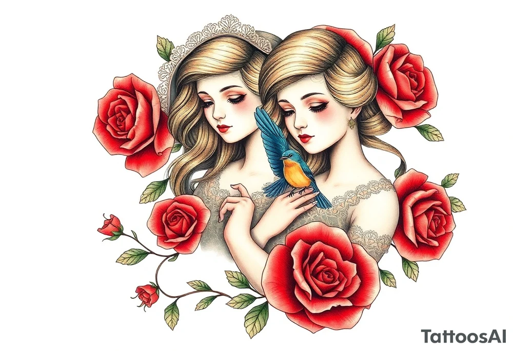 Vintage dollies, red roses, lace, red bird, vintage, wrap around, no person tattoo idea