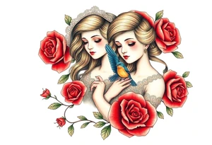 Vintage dollies, red roses, lace, red bird, vintage, wrap around, no person tattoo idea