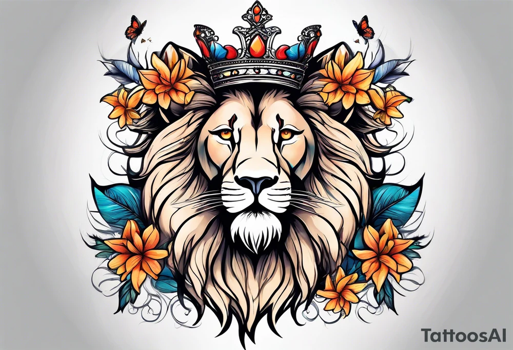 lion mane made of feathers covered in lilies and butterflies crown tattoo idea