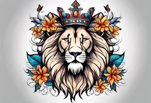 lion mane made of feathers covered in lilies and butterflies crown tattoo idea