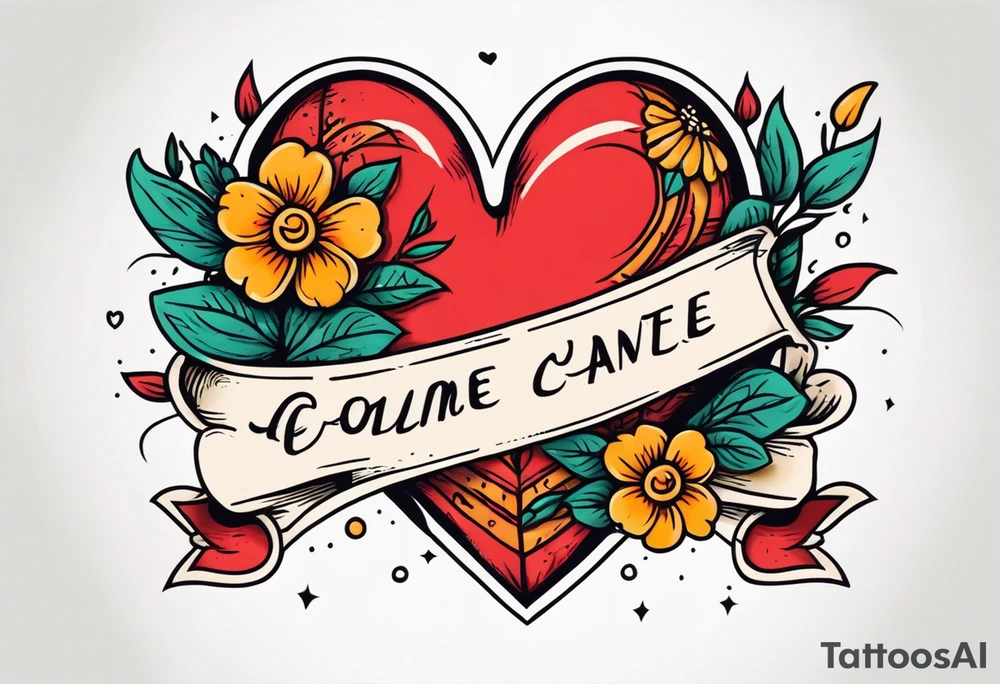 heart traditonal vintage tattoo colorful with flowers and banner tattoo idea