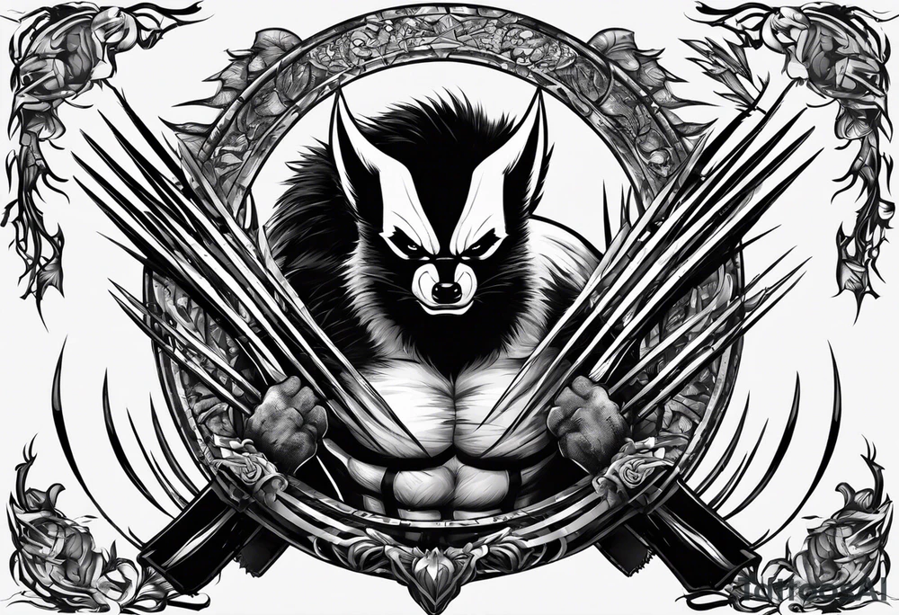 Draw me badger/wolverine with aggressive full body show, killer face with cute smile, very long nails and he attacks like a gladiator to enemy and also he has very deadly looking tattoo idea