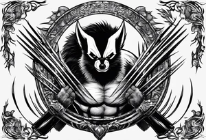 Draw me badger/wolverine with aggressive full body show, killer face with cute smile, very long nails and he attacks like a gladiator to enemy and also he has very deadly looking tattoo idea