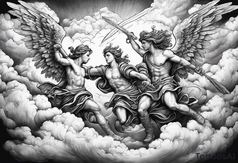 Angels fighting against demons in the clouds tattoo idea