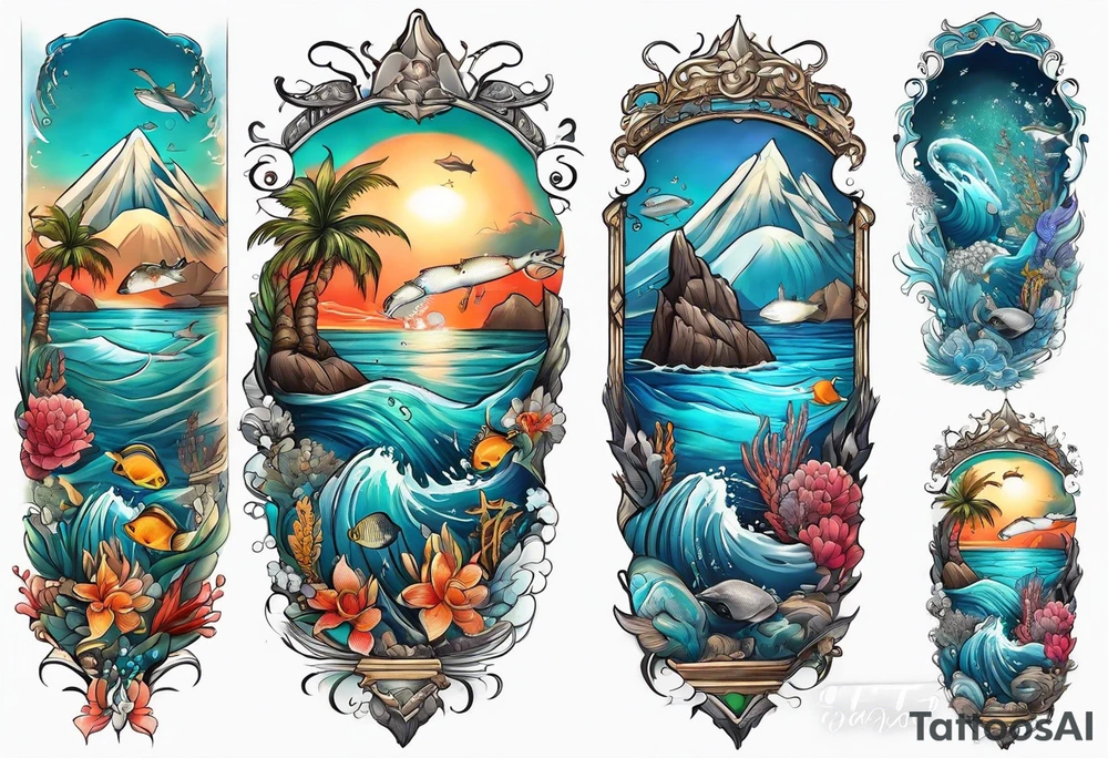 An ocean themed half sleeve with NO FISH tattoo idea