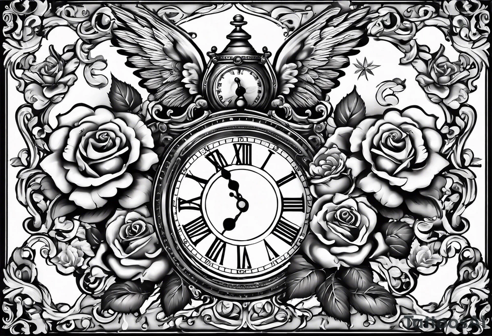 Half sleeve on arm of beautiful old fashion clock with roses, cherubs, angels, and the name chase Peter in a scroll tattoo idea