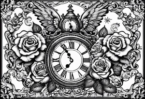 Half sleeve on arm of beautiful old fashion clock with roses, cherubs, angels, and the name chase Peter in a scroll tattoo idea