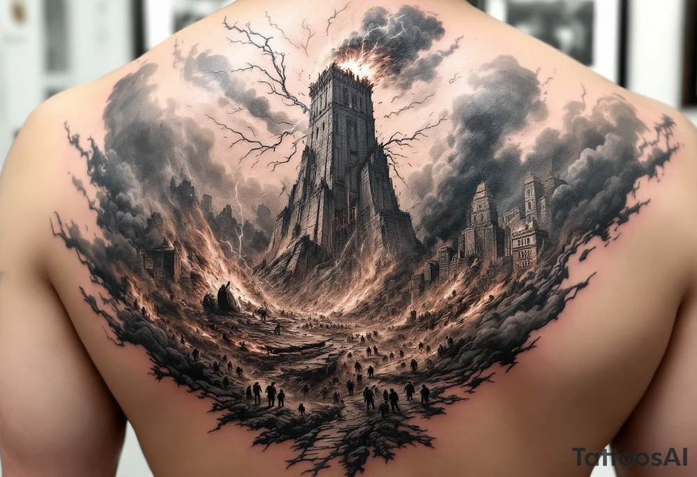 this will be a right arm sleeve.

A crumbling tower struck by lightning, with people scattering in chaos.
Fire raining down from heaven on a burning city, with smoke rising.
A blazing altar with fire falling from heaven
 Floodwaters overtaking the earth, with an ark in the distance. tattoo idea