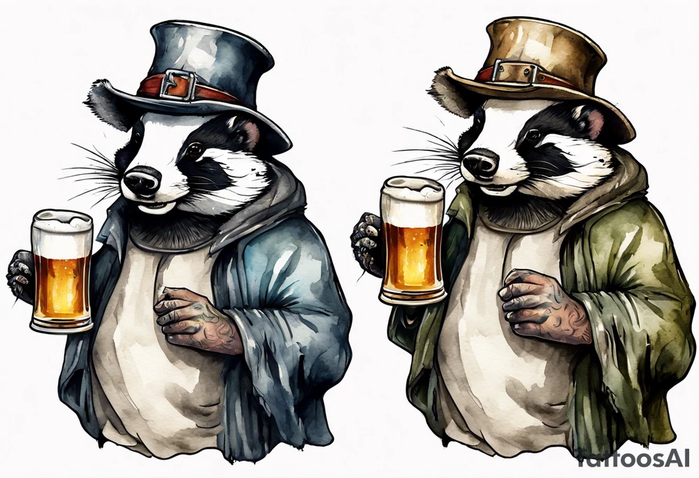 a medieval fat badger wearing a tunic and a tattered hat drinking from a pewter mug of beer tattoo idea
