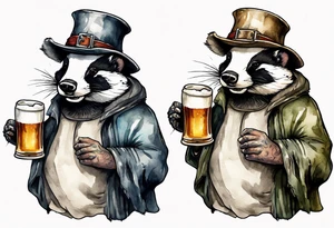 a medieval fat badger wearing a tunic and a tattered hat drinking from a pewter mug of beer tattoo idea