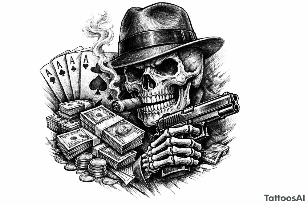 skull with gangster-hat,cigar in his mouth,gun in a skeleton-hand,playing cards,a lot of money. tattoo idea