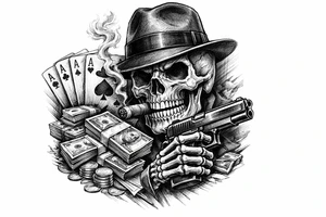 skull with gangster-hat,cigar in his mouth,gun in a skeleton-hand,playing cards,a lot of money. tattoo idea