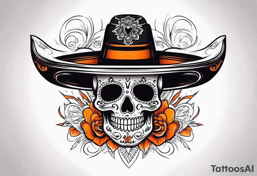 Mexican skull with sombrero with smoke coming out of the bottom orange and black tattoo idea