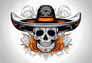 Mexican skull with sombrero with smoke coming out of the bottom orange and black tattoo idea