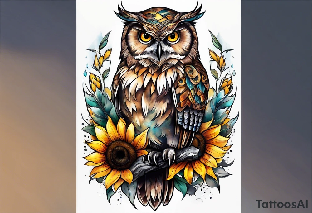 Owl with sunflowers leg sleeve tattoo idea