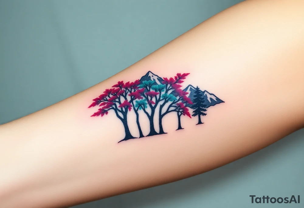 Lower forearm, trees with mountains in background, leaves on the trees are pink, purple, teal, red tattoo idea