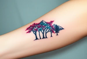 Lower forearm, trees with mountains in background, leaves on the trees are pink, purple, teal, red tattoo idea