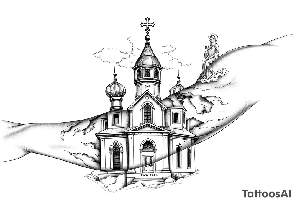 Russian Orthodox church with orthodox spire crosses, with clouds above it and a virgin mary seperately over looking sat above tattoo idea