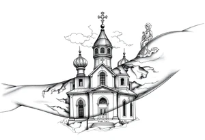 Russian Orthodox church with orthodox spire crosses, with clouds above it and a virgin mary seperately over looking sat above tattoo idea