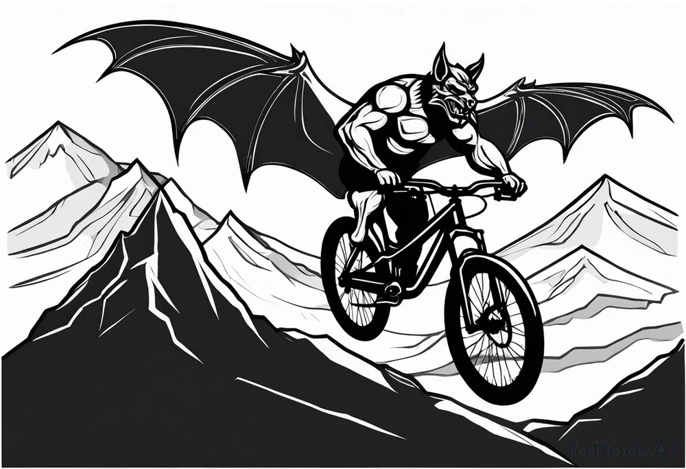 gargoyle riding a full suspension mountain bike with a shadow no background tattoo idea