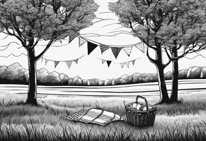 Very light and minimalstic picnic scene on meadow. A blanket iwth only a picnic-basket with lid on it. Pennants in two trees. Thin lines. tattoo idea