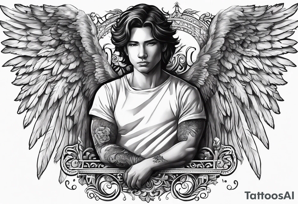 The word Glenn on a banner with angel Wings tattoo idea