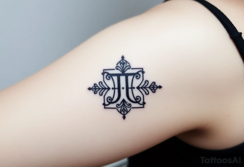 A geometric tattoo with 5 Symbolic elements for each family member. Two base elements for my husband, intertwined floral patterns like mirrored vines or spiral paisleys representing our identical twins, and another element for my oldest son.  Details like the Gemini zodiac symbol,  feminine-yet-bold linework, Detailed dotwork, linework, and geometric accents around each symbol, Interconnected elements to reflect family unity tattoo idea