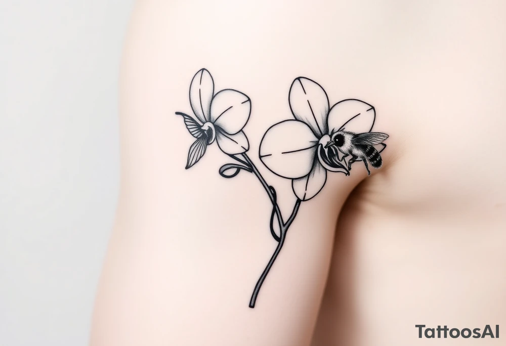 A delicate, black and white fine-line tattoo for male, featuring gracefully detailed 2 orchids in full bloom including their stems, with soft, intricate petals and elegant curves. Beside it, a hummingbird hovers mid-flight, its wings drawn with subtle motion lines, its slender beak reaching toward the orchid’s center to drink its nectar. on the other flower there is a bee that is resting tattoo idea