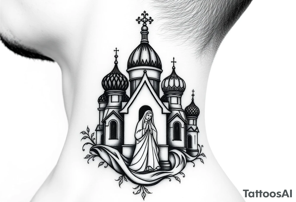 Flowing Scene

A onion domes orthodox church
Virgin Mary in prayer pose wrapping around the lower neck curve
A small double headed russian coat of arms eagle or just the star tucked above the dome near the hairline tattoo idea