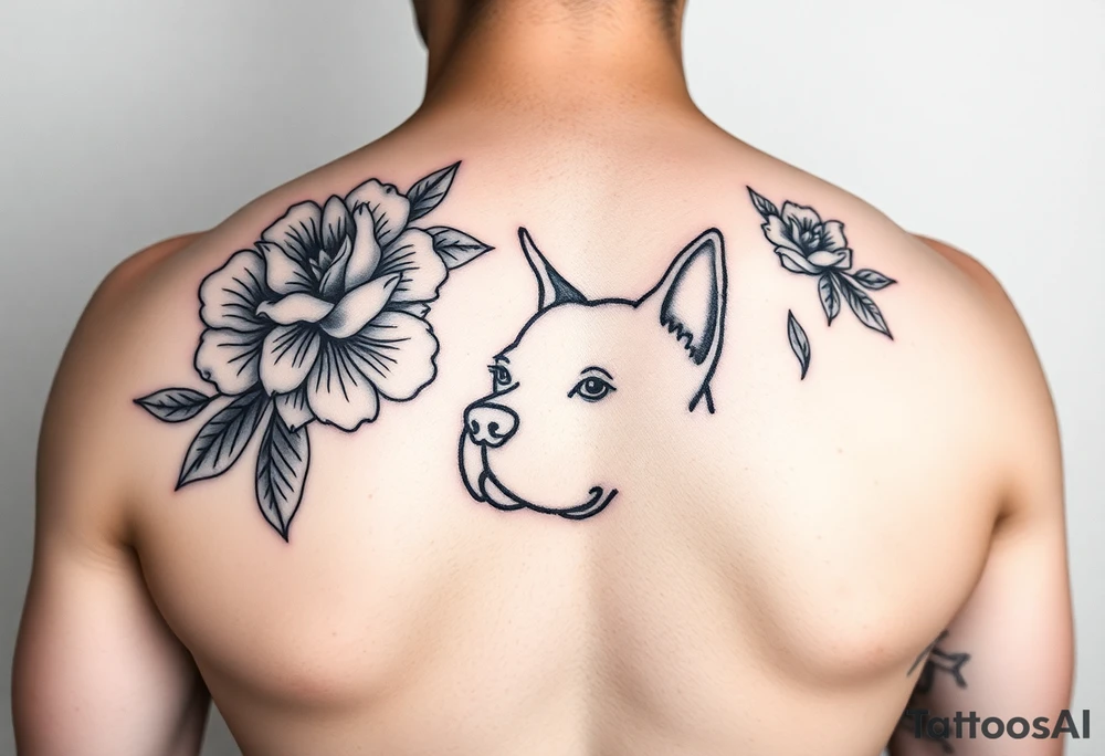 Floral design with peonies with an silhouette outline of a dogs face tattoo idea