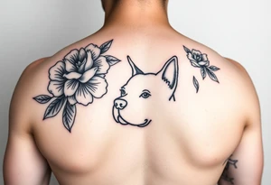 Floral design with peonies with an silhouette outline of a dogs face tattoo idea