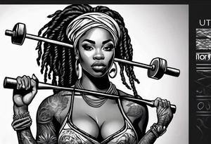Black woman with locs whole body holding barbell tattoo idea
