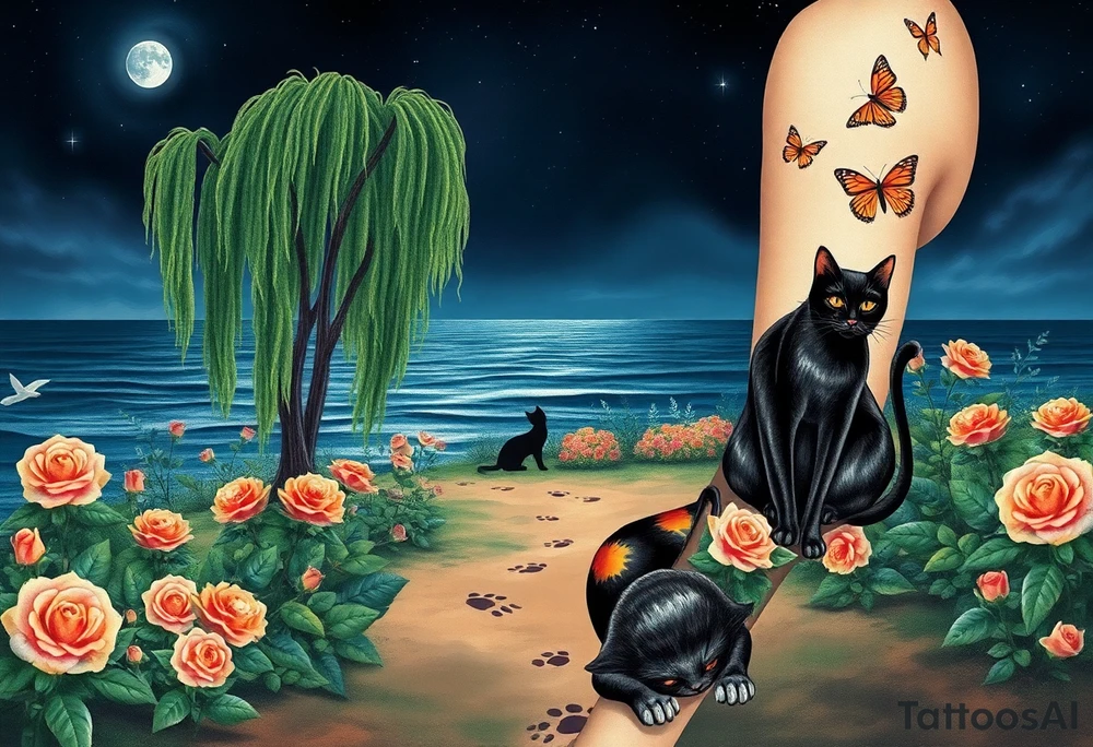 Night time. Ocean.  weeping willow garden with roses and liles flower beds. fantasy creatures, fairies, mermiads, dragons butterflies,  cat paw prints path in dirt. Black and orange cats tattoo idea
