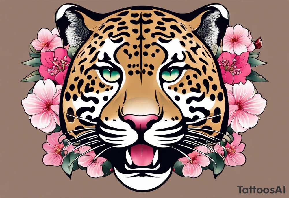 An irezumi style big cat, with the colour and pattern of a jaguar on the body of the big cat. It should be climbing upwards, with the head looking to the right. The background is a stylised cherry blossom tree with multiple shades of pink for the blossoms. The colours of the background are not dark, so that the jaguar stands out against the background. tattoo idea
