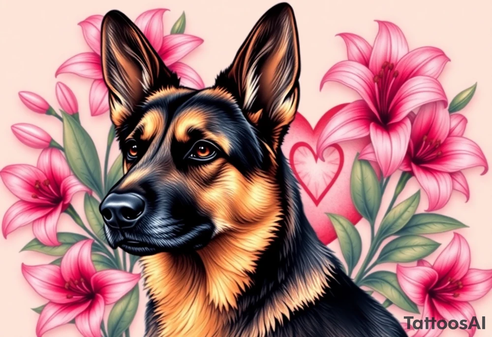 realistic german shepherd with alert ears looking protective surrounded by pink lilies with leaves in front of a sacred heart tattoo idea