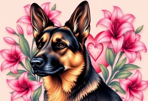 realistic german shepherd with alert ears looking protective surrounded by pink lilies with leaves in front of a sacred heart tattoo idea