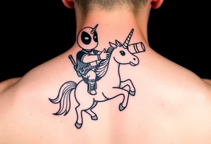 Deadpool riding cartoon unicorn pointing rocket propelled grenade launcher tattoo idea
