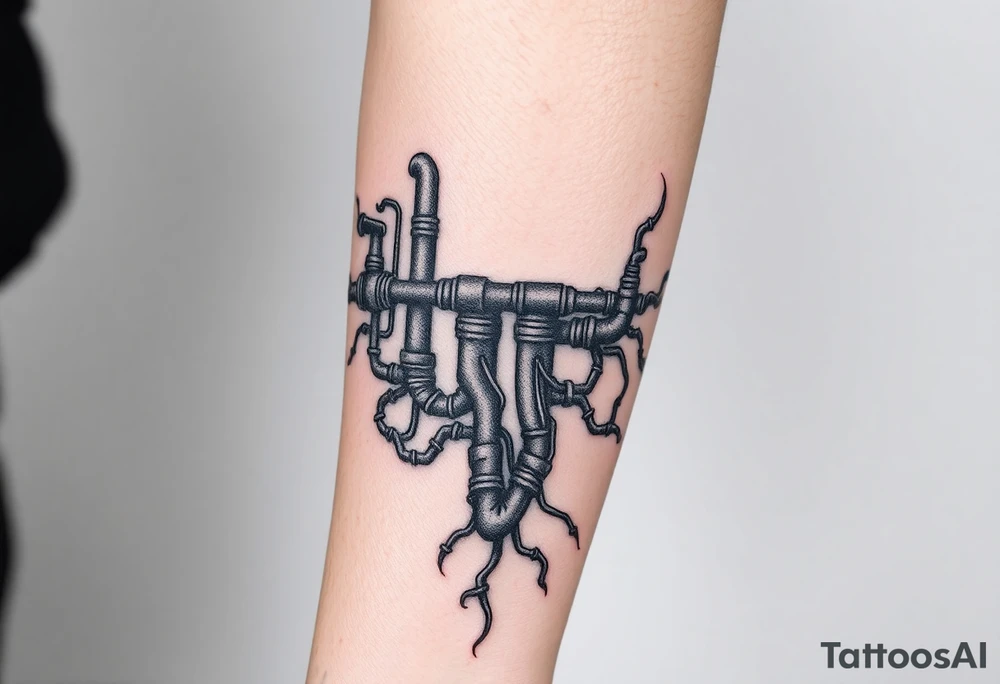 wide System of pipes that transitions and transforms at the end into thick, widespread 
veins of forearm tattoo idea