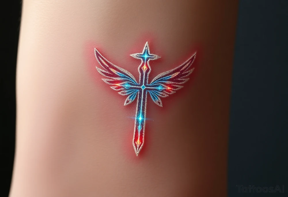 A glowing silver cross with floating feathers, each reflecting hints of pink, blue, and soft gold tattoo idea