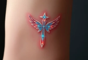 A glowing silver cross with floating feathers, each reflecting hints of pink, blue, and soft gold tattoo idea