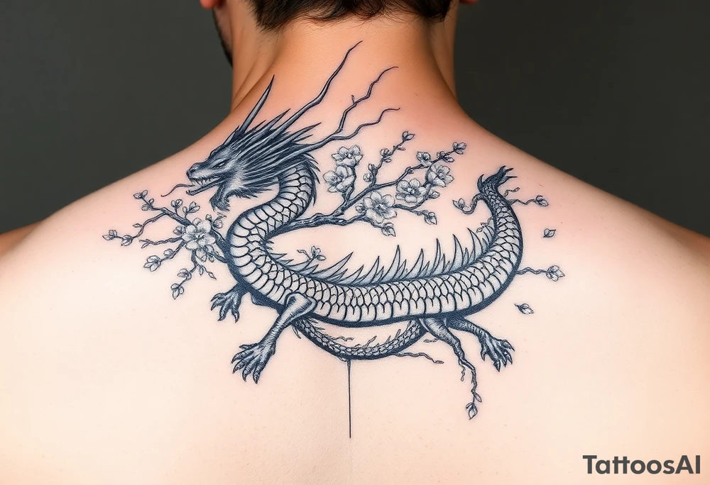 Sekiro shadows die twice divine dragon entwined with a cherry blossom tree going from chest to shoulder tattoo idea