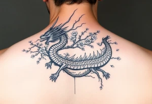 Sekiro shadows die twice divine dragon entwined with a cherry blossom tree going from chest to shoulder tattoo idea