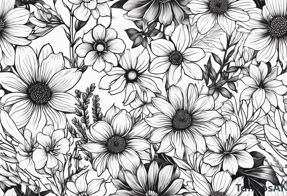 fine line wildflowers - white background, clean background, no skin tattoo idea