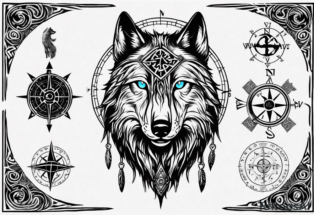 Black wolf with blue eyes with Viking Vegvísir compass on its forehead tattoo idea