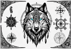 Black wolf with blue eyes with Viking Vegvísir compass on its forehead tattoo idea