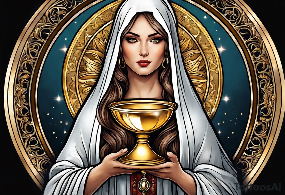woman saint holding chalice surrounded by golden halo tattoo idea