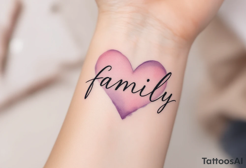 The word family in flowing black script, wrapped in a soft watercolor heart in shades of blush pink and lilac. tattoo idea