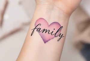 The word family in flowing black script, wrapped in a soft watercolor heart in shades of blush pink and lilac. tattoo idea