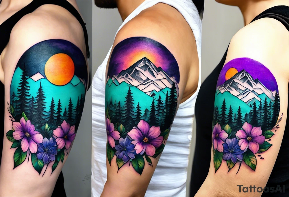 half sleeve tattoo on my shoulder. It features a mountain range, with a compass rose rising up from behind the mountain like a sunrise. In front of the mountains, there are purple and teal flowers. tattoo idea