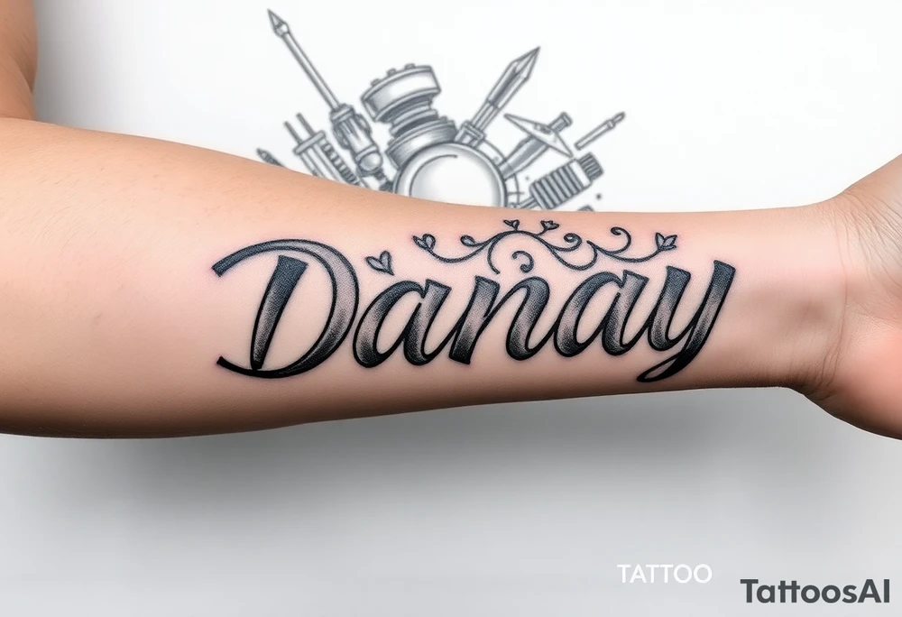 the name Danay, with a background other cool stuff that fills up the whole forearm tattoo idea